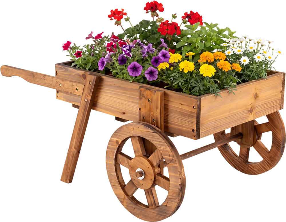 Wooden wagon planter with wheels featuring a large slatted box for flowers, herbs, or decorations, perfect for indoor and outdoor use.