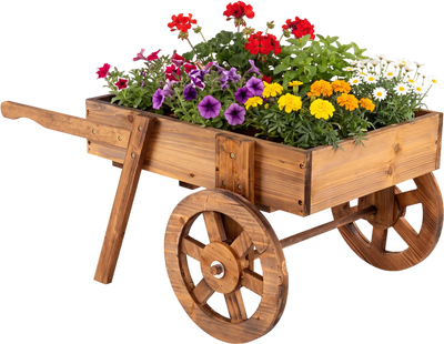 Costway Wooden Wagon Planter with Wheels Indoor Outdoor Garden Bed 21867487 New