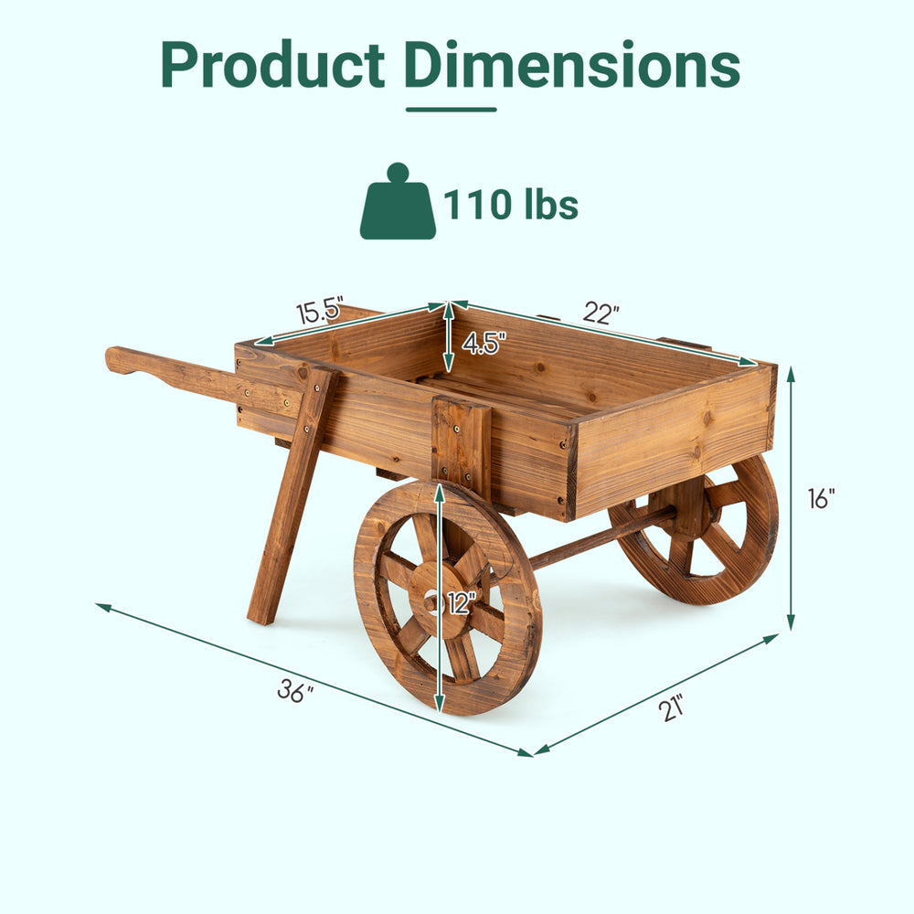 Wooden wagon planter with wheels, measuring 36" x 22", perfect for indoor and outdoor flower displays.