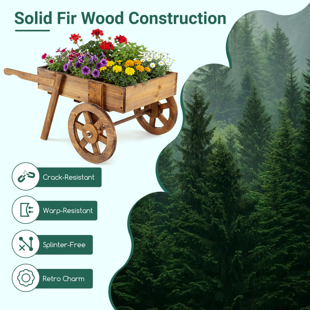 Wooden wagon planter with wheels made of solid fir wood, perfect for indoor and outdoor flower displays.