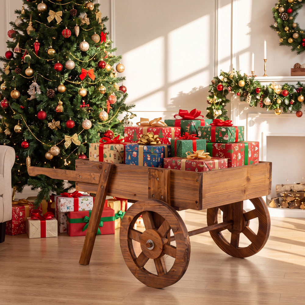 Wooden wagon planter with wheels showcases a large planter box, perfect for indoor or outdoor floral displays.