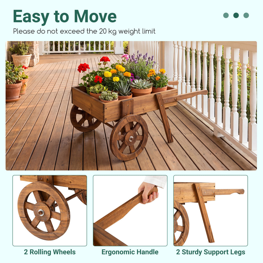 Wooden wagon planter with wheels features solid fir wood, slatted design for drainage, and ergonomic handle for easy movement.