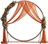 Wooden wedding arch with floral accents and draped fabric, ideal for ceremonies and outdoor events.