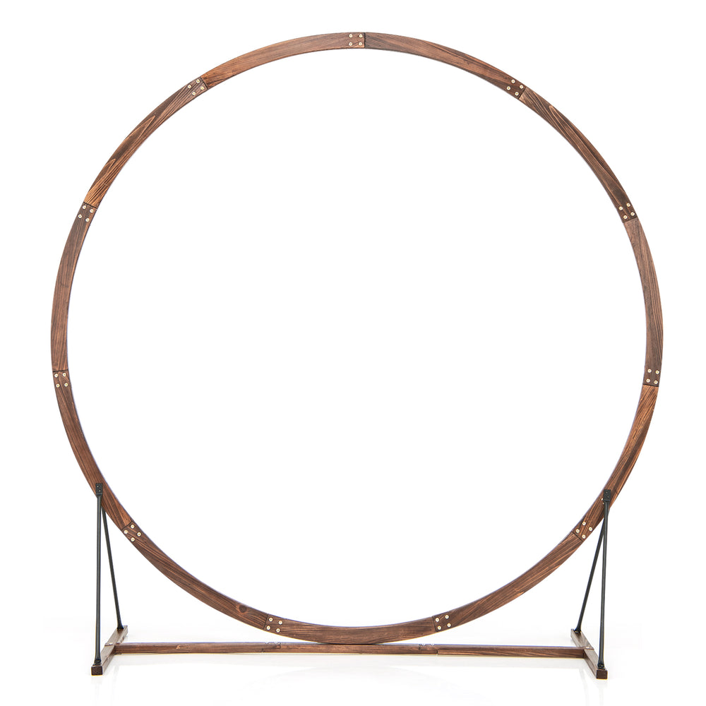 Round wooden wedding arch made of natural fir wood, sturdy and smooth, ideal for outdoor ceremonies and decorations.