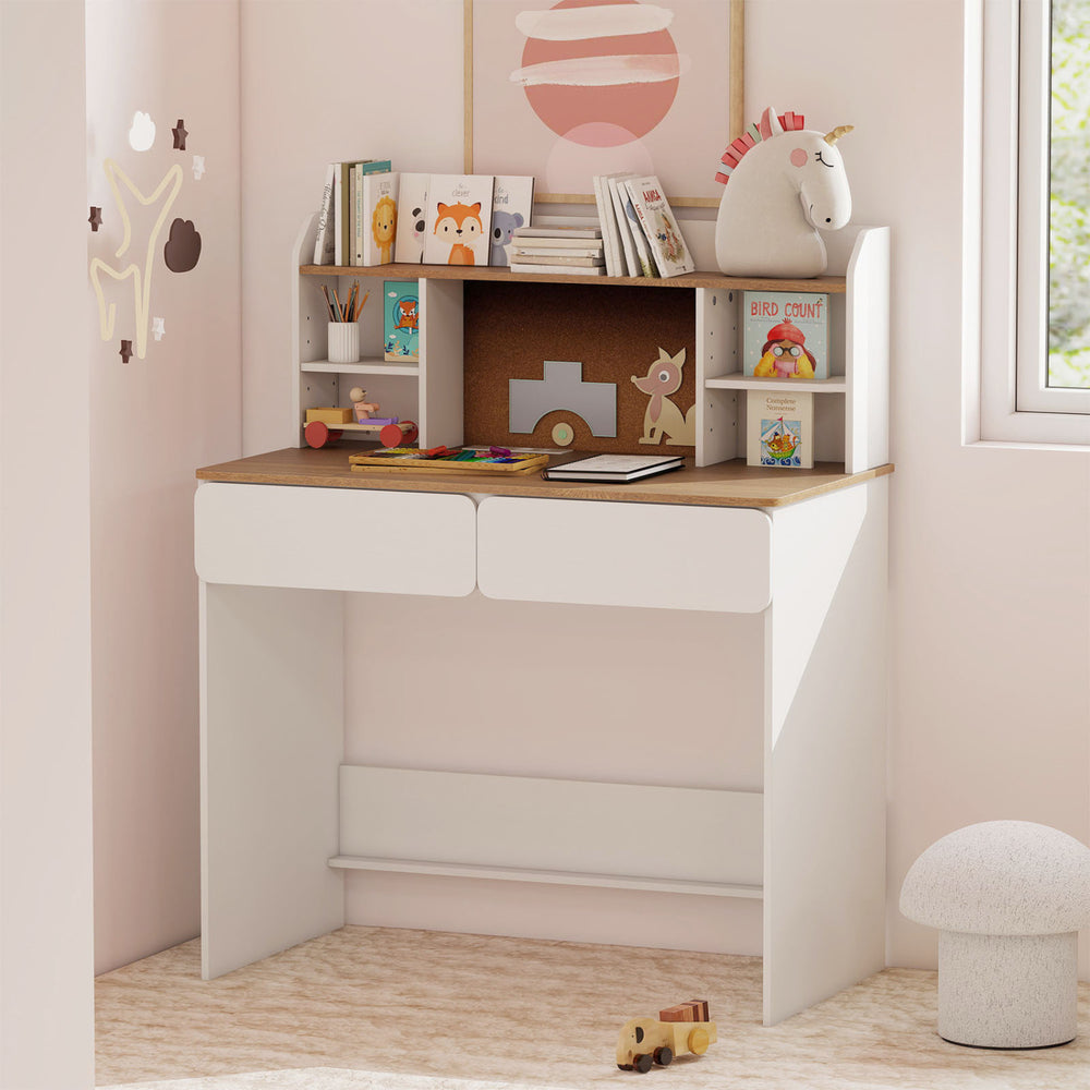 Writing table in white with adjustable shelves, cork bulletin board, and charging station for organized kids' study space.