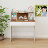 Writing table with adjustable shelves, cork bulletin board, and charging station for organized storage and easy access.
