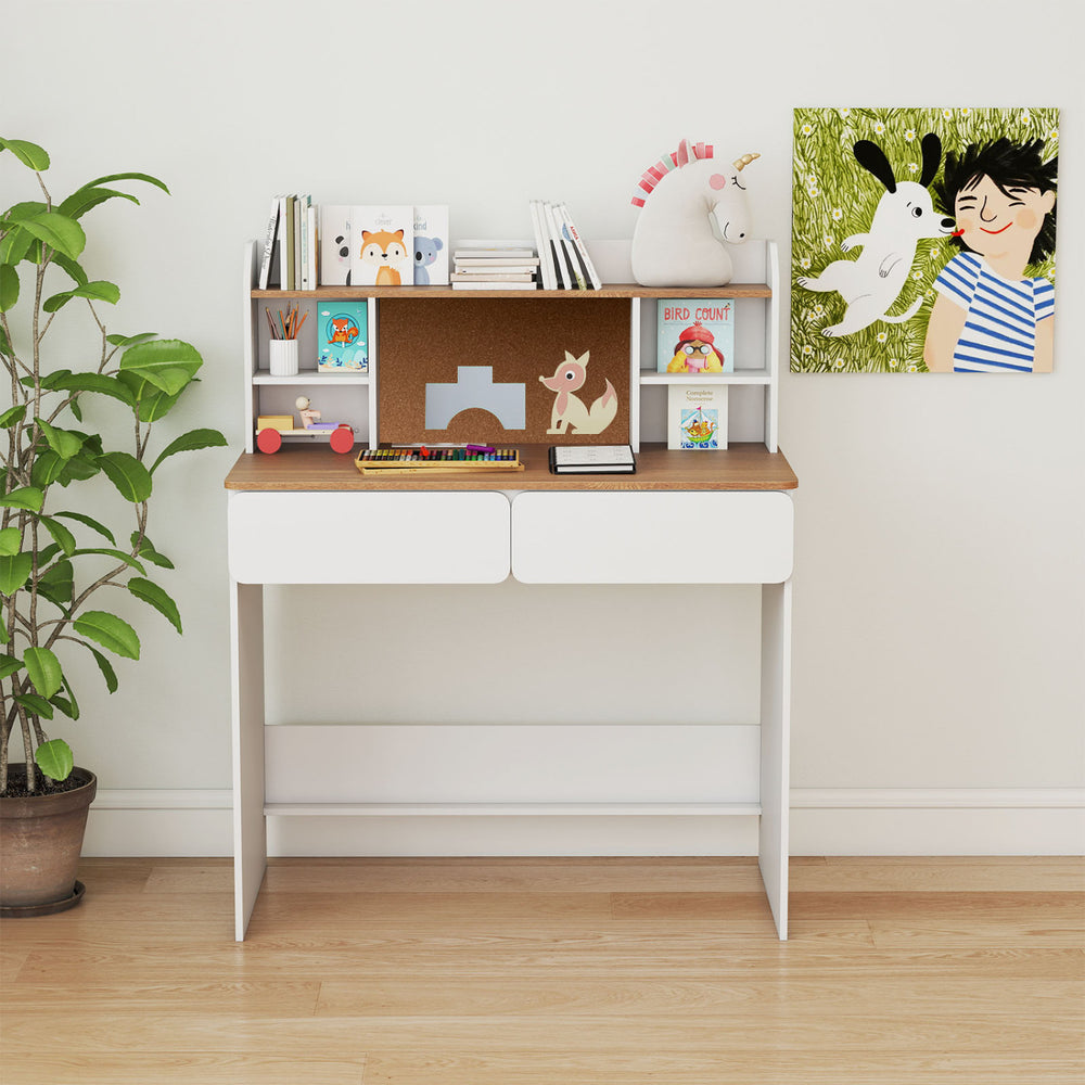 Writing table with adjustable shelves, cork bulletin board, and charging station for organized storage and easy access.