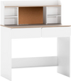 Writing table in white with cork bulletin board, adjustable shelves, and charging station for organized storage and safety.