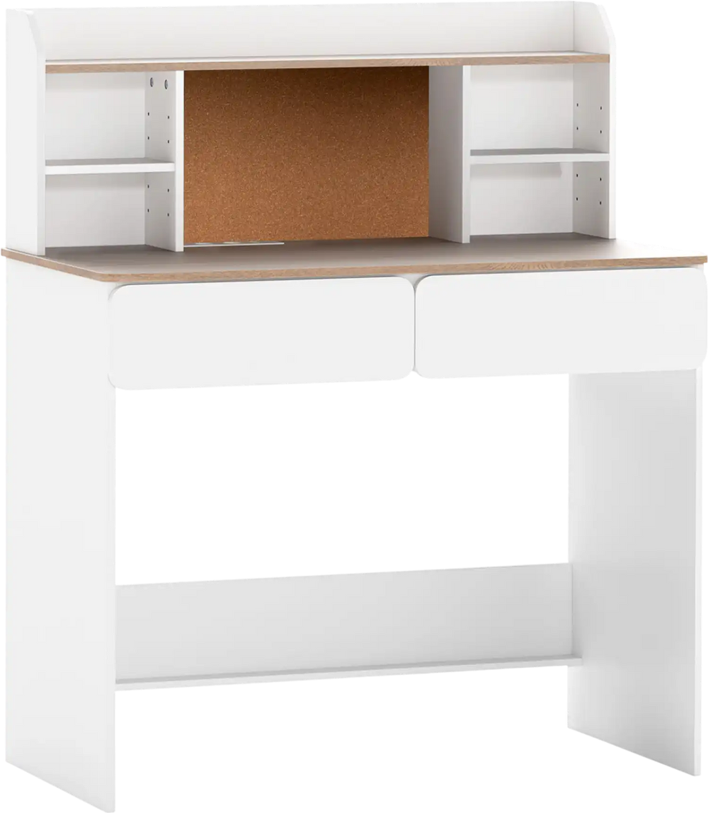Writing table in white with cork bulletin board, adjustable shelves, and charging station for organized storage and safety.