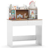 Writing table with cork bulletin board, adjustable shelves, and charging station for organized storage of school supplies.