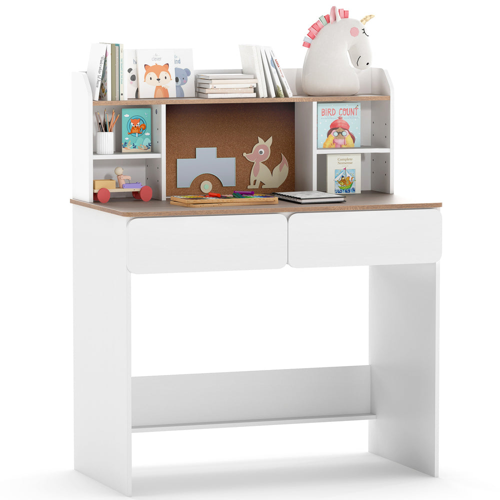 Writing table with cork bulletin board, adjustable shelves, and charging station for organized storage of school supplies.