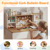 Writing table with cork bulletin board, adjustable shelves, and charging station for organized kids' supplies and artwork.
