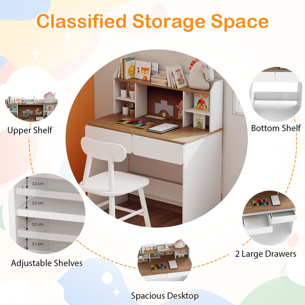 Writing table with adjustable shelves, cork bulletin board, and charging station for organized storage and stability.