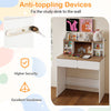Writing table with adjustable shelves, cork bulletin board, and built-in charging station for organized study space.