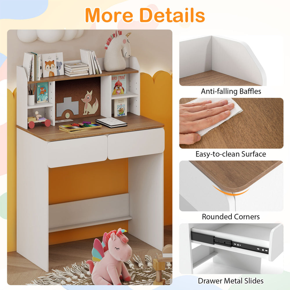 Writing table with adjustable shelves, cork bulletin board, and charging station for organized storage and safety.