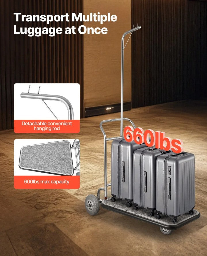 Vevor 3-Wheel Bellman Luggage Cart 660 Lb Capacity Stainless Steel Hotel Trolley New
