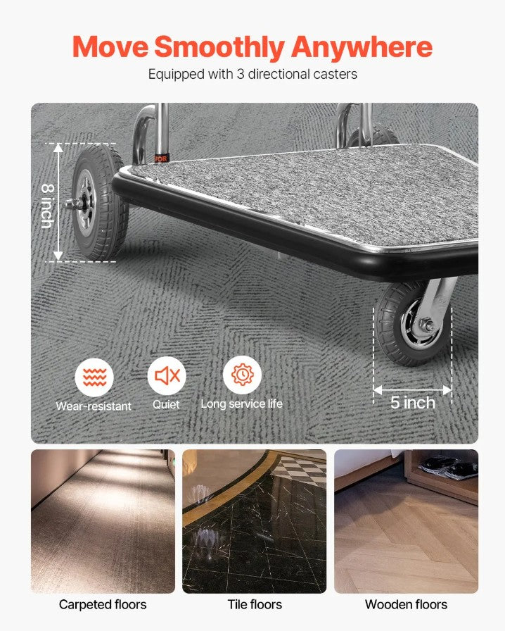 Vevor 3-Wheel Bellman Luggage Cart 660 Lb Capacity Stainless Steel Hotel Trolley New