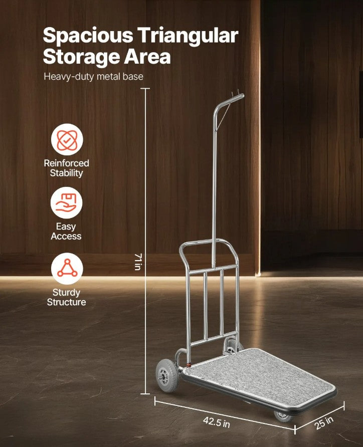 Vevor 3-Wheel Bellman Luggage Cart 660 Lb Capacity Stainless Steel Hotel Trolley New