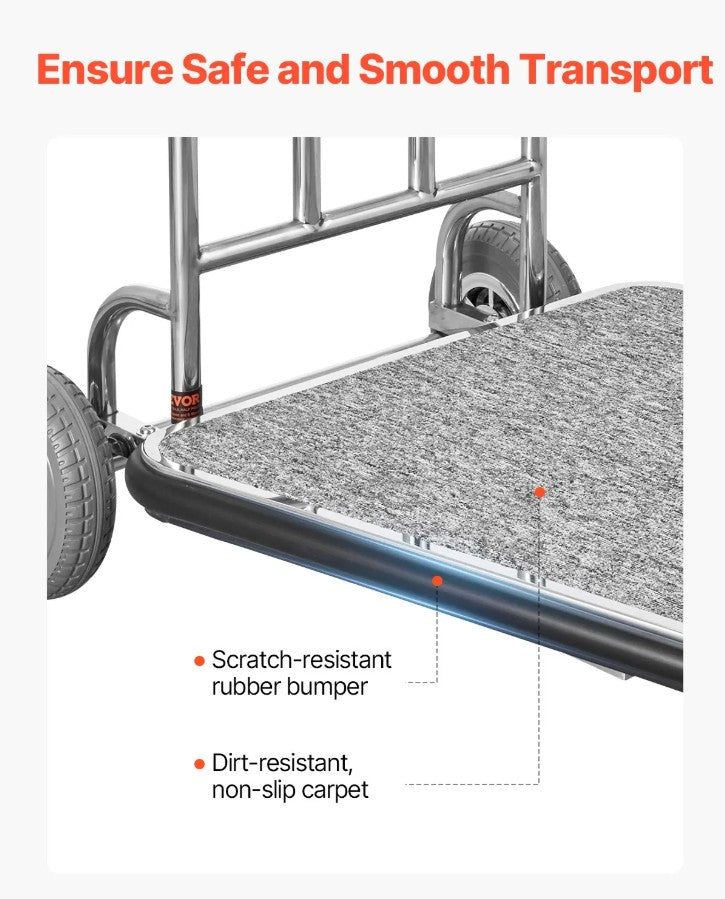 Vevor 3-Wheel Bellman Luggage Cart 660 Lb Capacity Stainless Steel Hotel Trolley New