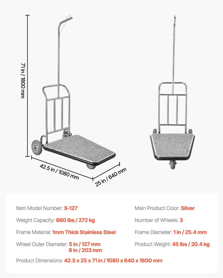 Vevor 3-Wheel Bellman Luggage Cart 660 Lb Capacity Stainless Steel Hotel Trolley New