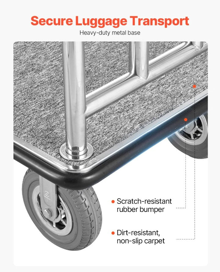 Vevor Bellman Luggage Cart 1200 Lbs Capacity Stainless Steel 4-Wheels Hotel Trolley New