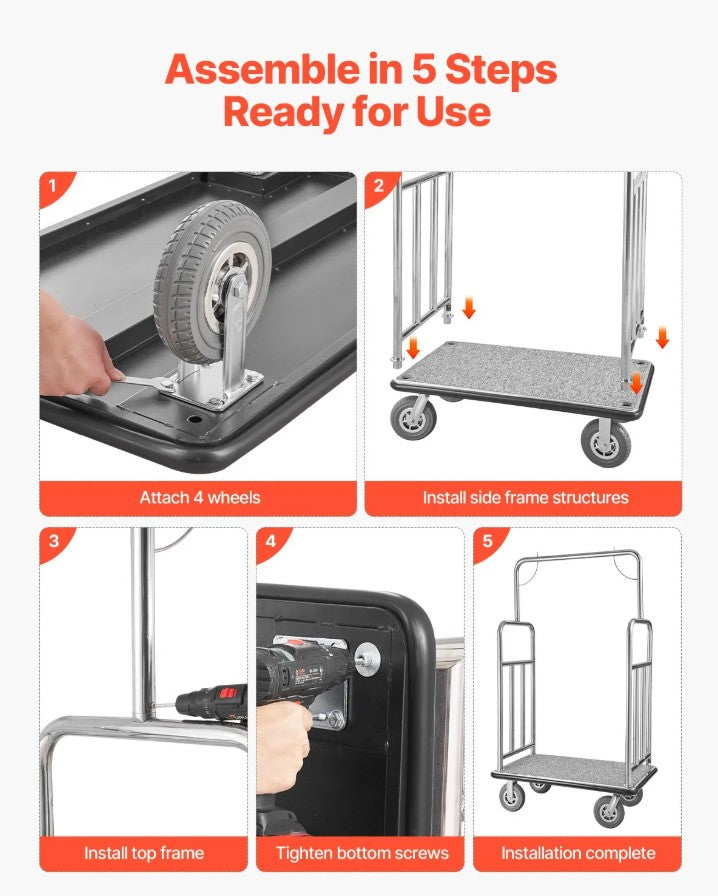 Vevor Bellman Luggage Cart 1200 Lbs Capacity Stainless Steel 4-Wheels Hotel Trolley New