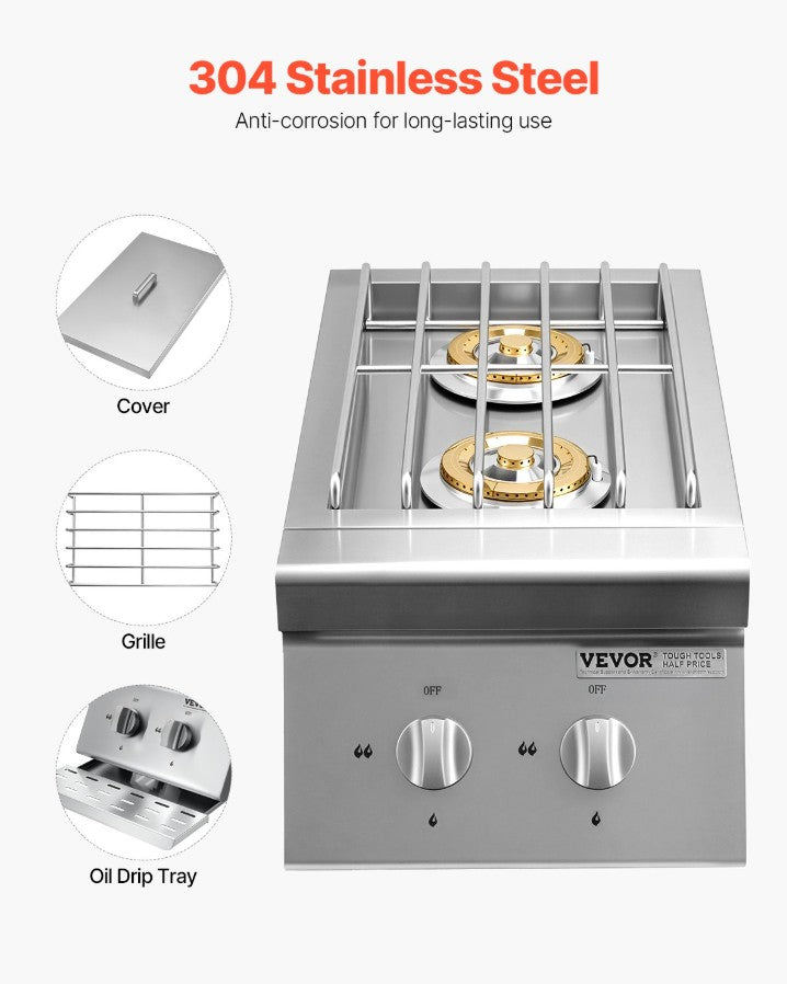 Vevor 2-Burner Built-In Outdoor Cooktop 2 x 15000 BTU Propane and Natural Gas New