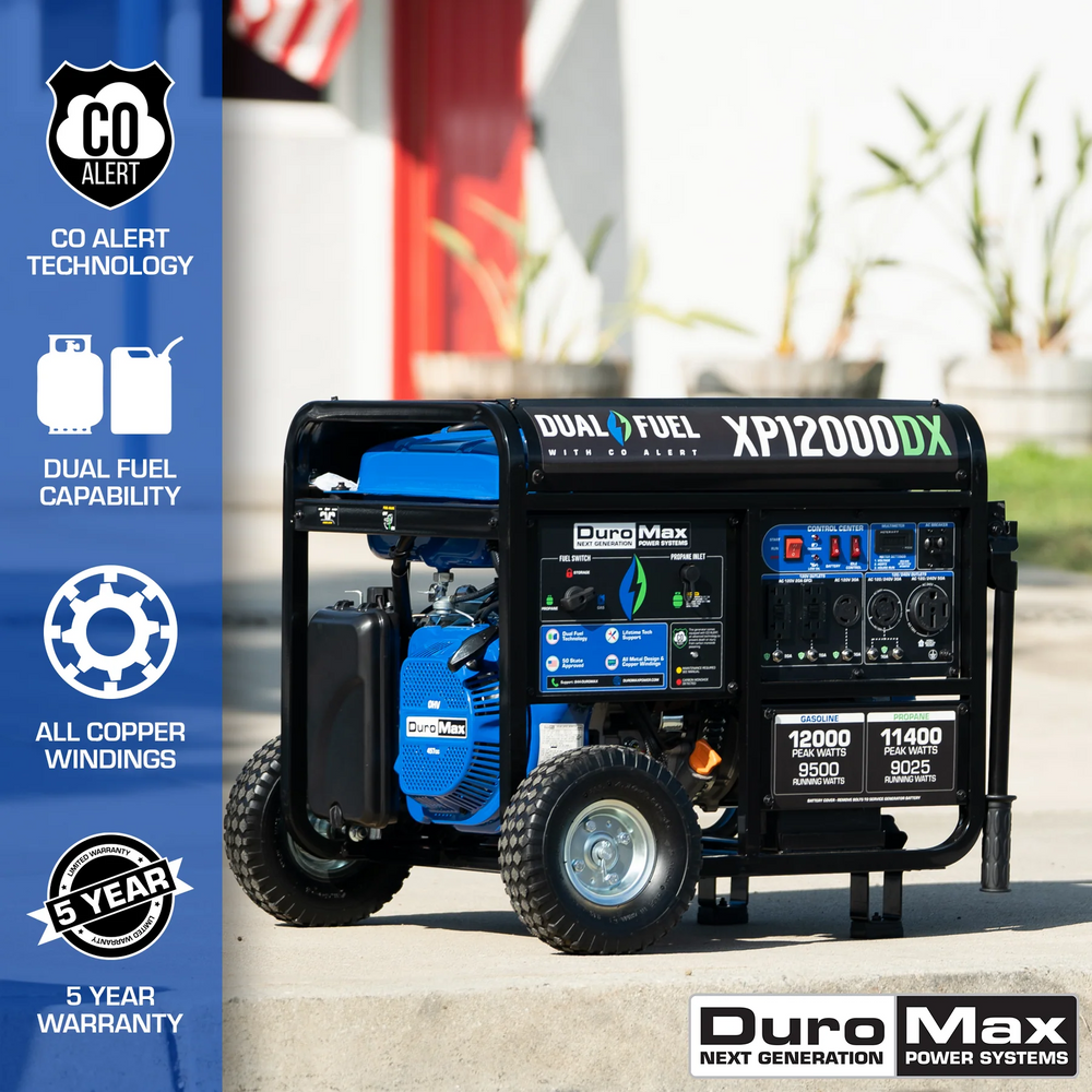 DuroMax XP12000DX 9500W/12000W Dual Fuel Gas Propane Generator with Electric Start and CO Alert New