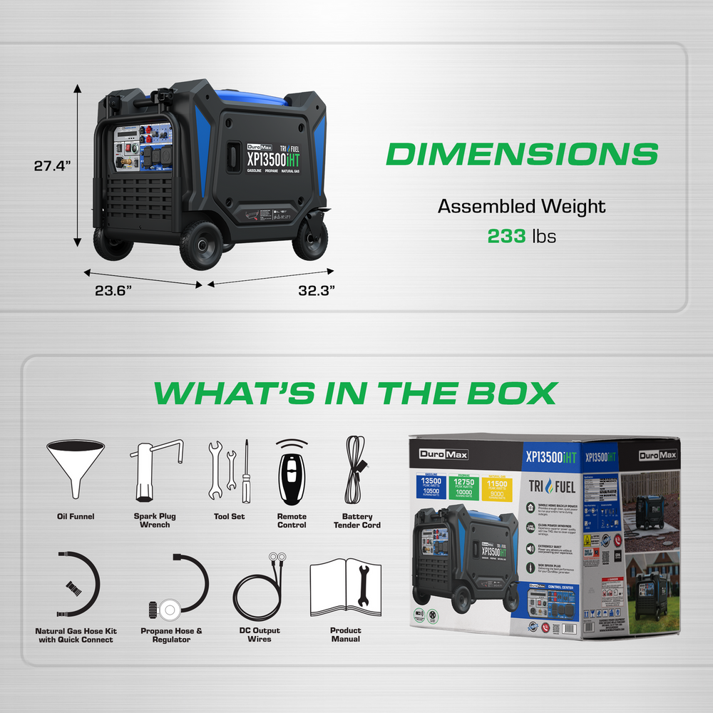 DuroMax 13,500 Watt Portable Tri Fuel Inverter Generator - Quiet, Low THD