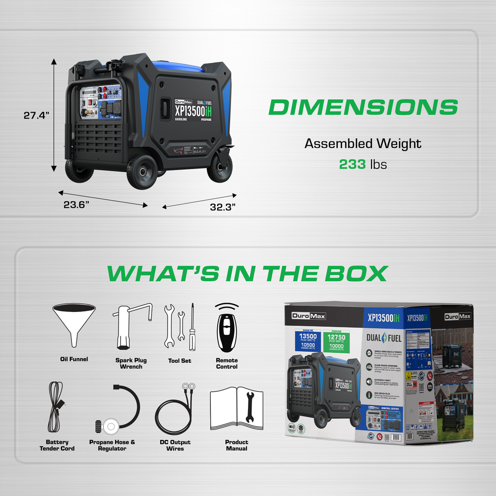 DuroMax 13,500 Watt Portable Dual Fuel Inverter Generator - Quiet, Low THD