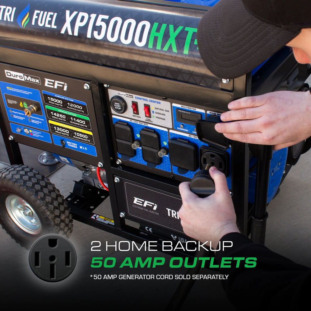 DuroMax XP15000HXT+ 12000W/15000W Generator Tri-Fuel 50A Gasoline Propane Natural Gas CO Alert Remote Start CARB New