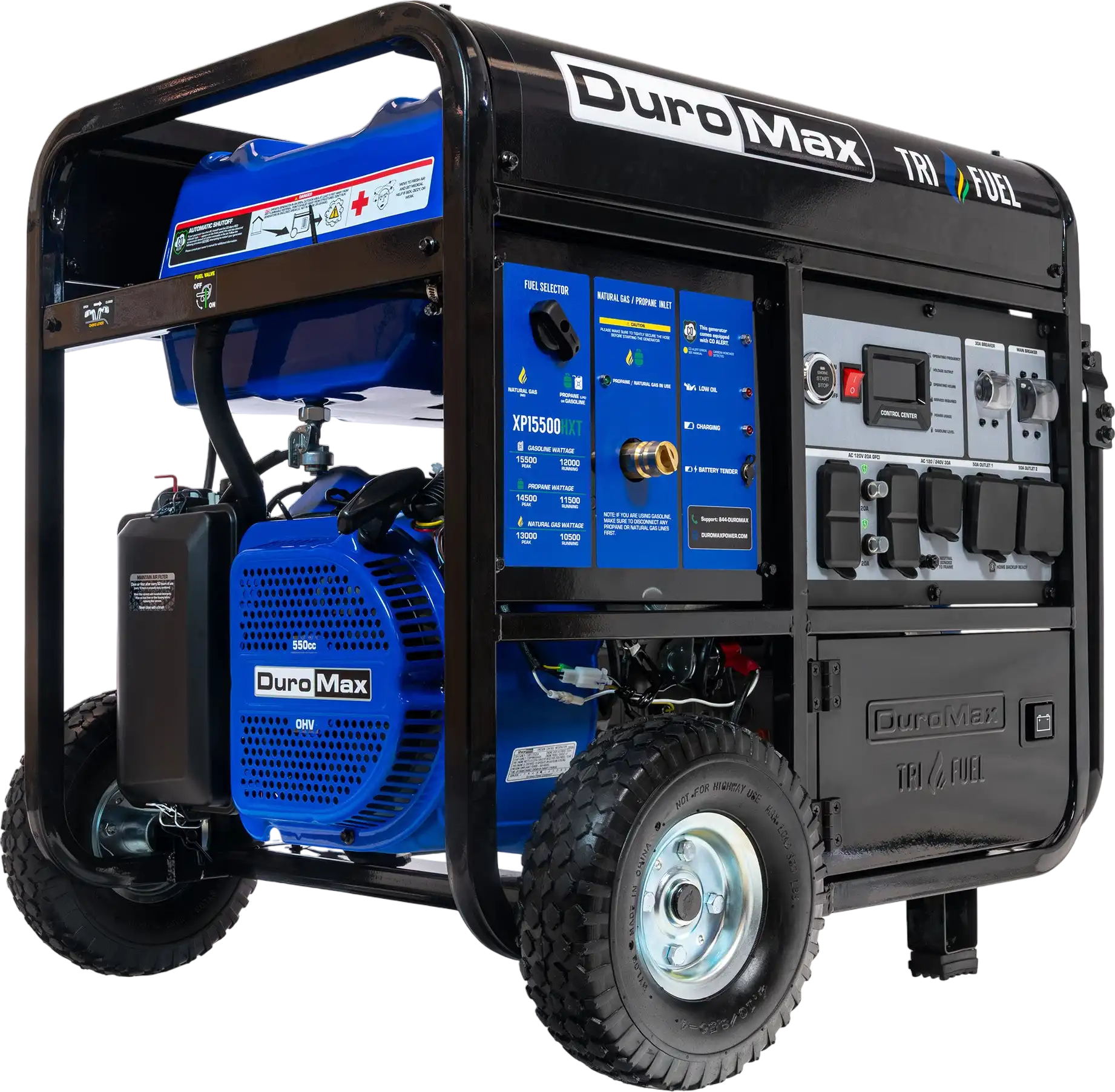DuroMax XP15500HXT Generator 12,000W/15,500W Tri Fuel Gas Propane Natural Gas 50A Low THD CO Alert Remote Start New