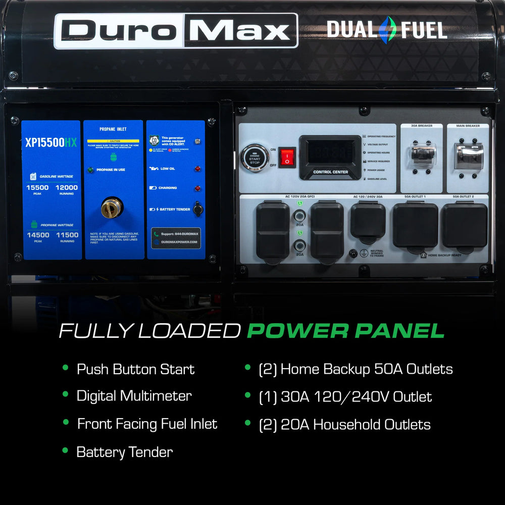 DuroMax XP15500HX Generator 12,000W/15,500W Dual Fuel Gas Propane 50A Low THD CO Alert Remote Start New