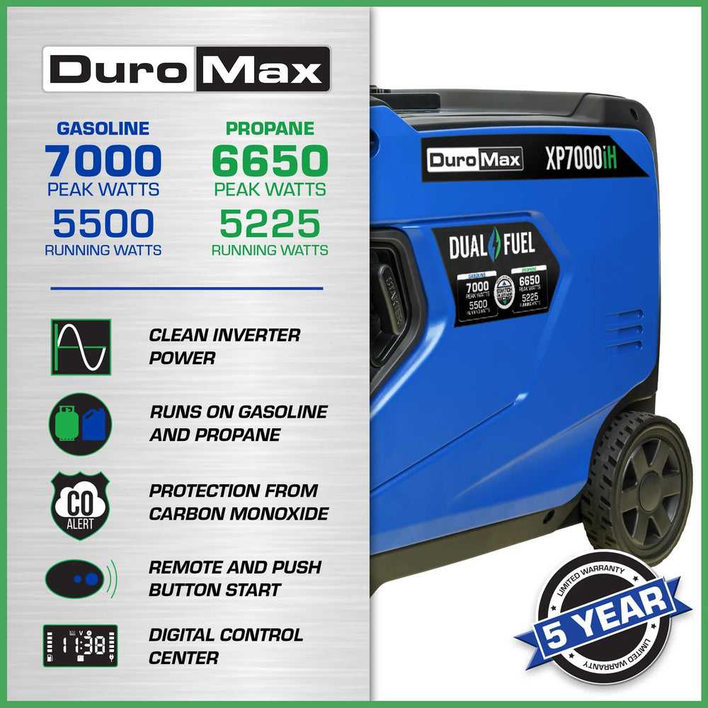 DuroMax XP7000iH 5500W/7000W Dual Fuel Generator Gas Propane Remote Start Inverter CO Alert New