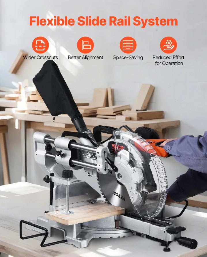 Vevor Sliding Compound Miter Saw 12" 15A Dual Bevel LED Guide 60-Tooth Blade New