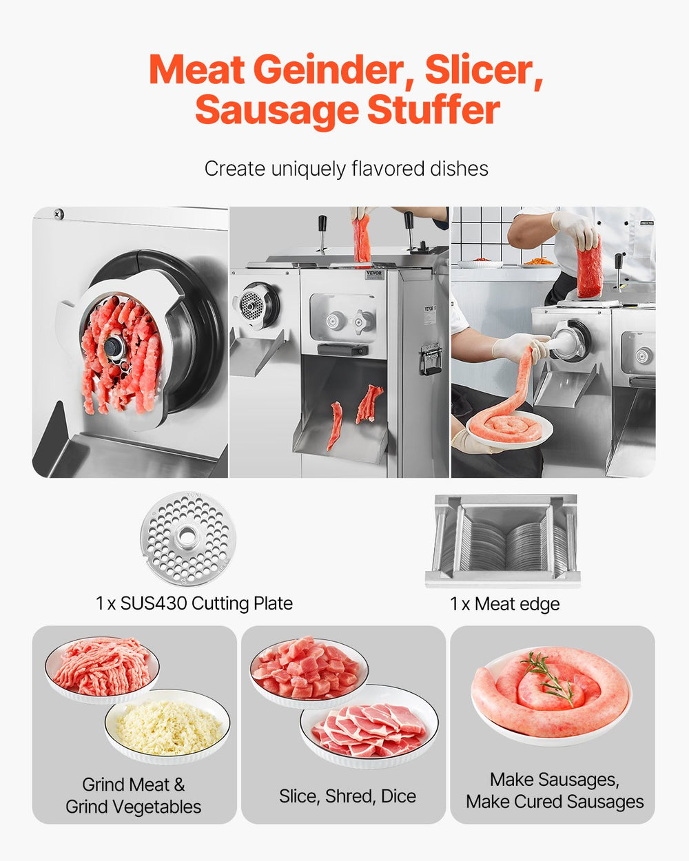 Vevor Commercial Meat Grinder 1100W Electric 14 Lbs/Min 0.12" Cutting Slicer & Sausage Stuffer New