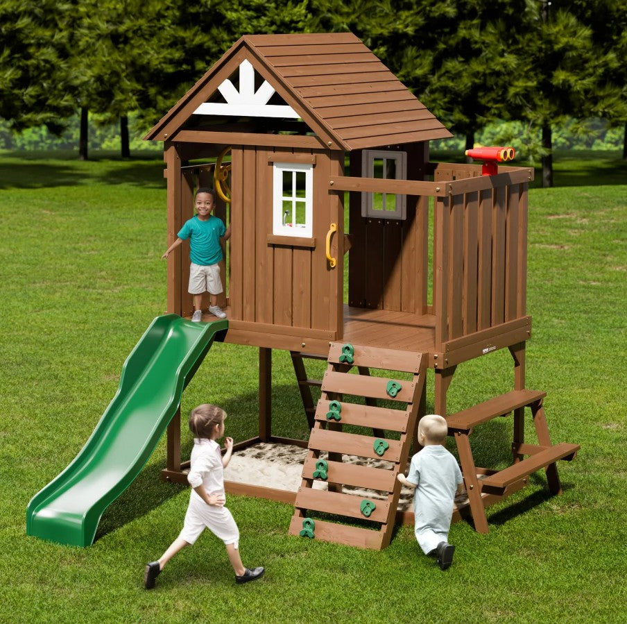 Vevor Outdoor Wooden Kids Playhouse with Slide Ladder and Kitchen Set New