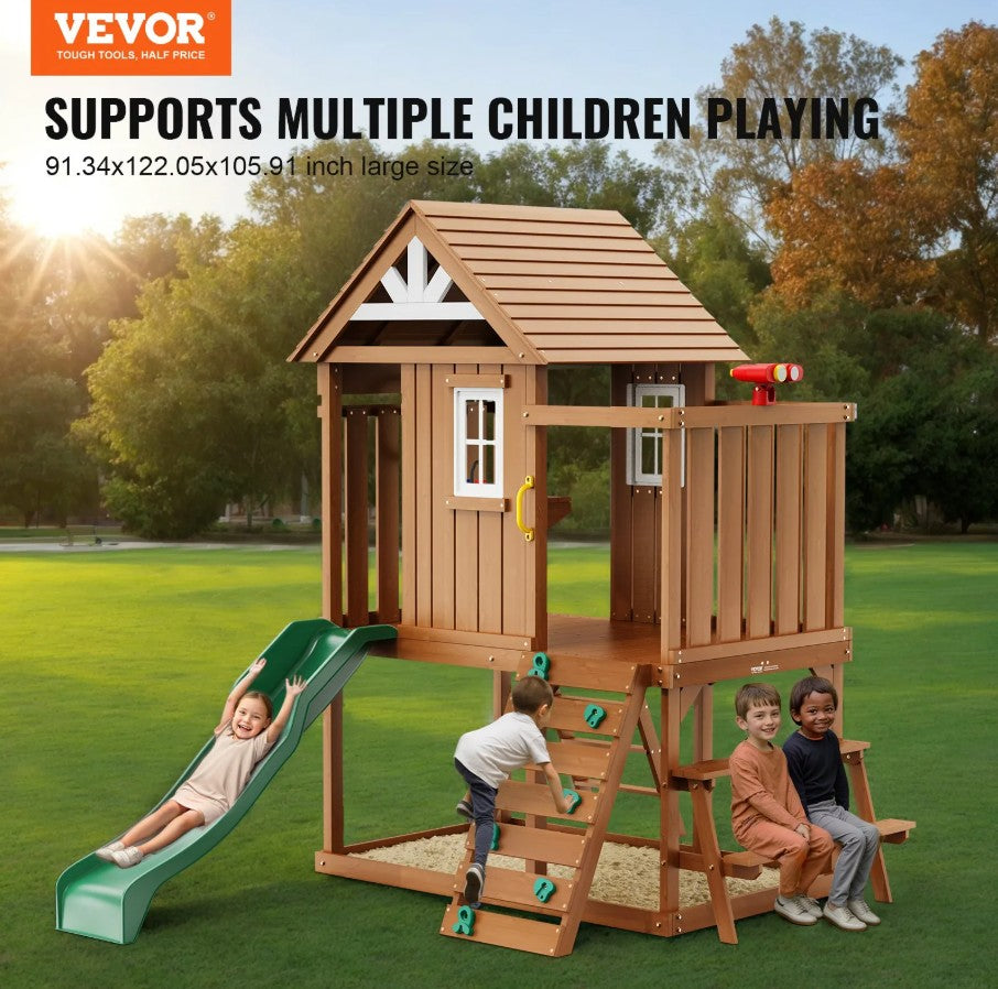 Vevor Outdoor Wooden Kids Playhouse with Slide Ladder and Kitchen Set New