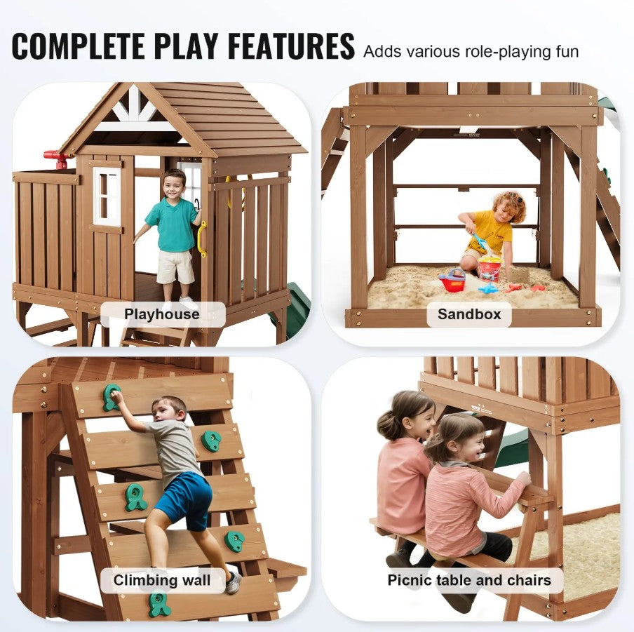 Vevor Outdoor Wooden Kids Playhouse with Slide Ladder and Kitchen Set New
