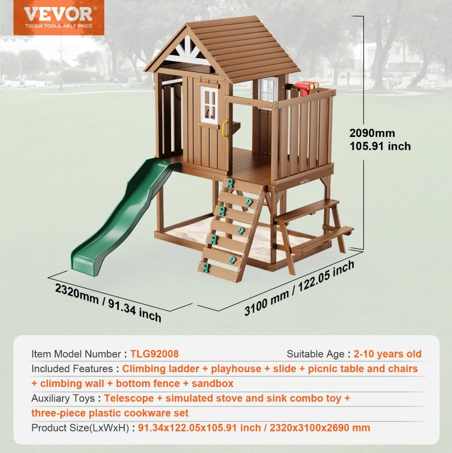 Vevor Outdoor Wooden Kids Playhouse with Slide Ladder and Kitchen Set New