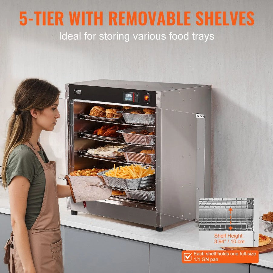 Vevor Hot Box Food Warmer 5 Shelves 850W 360° Air Circulation with Water Tray New