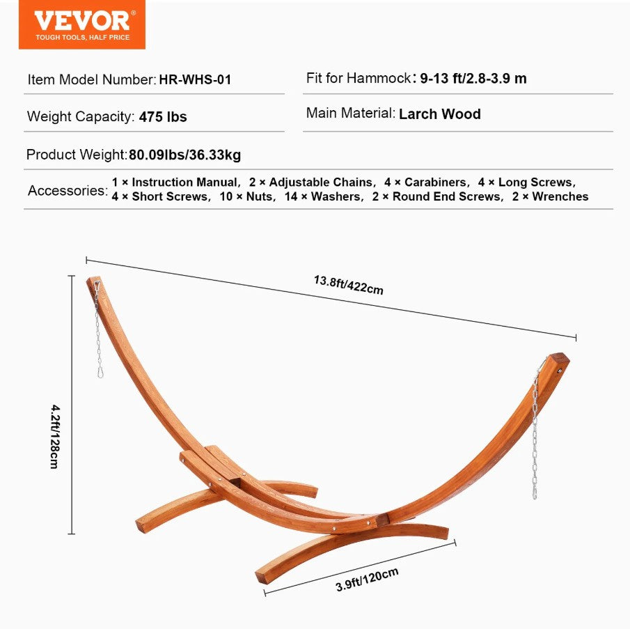 Vevor Wooden Hammock Stand 475 Lbs Capacity Fits 9'–13' Hammocks Solid Larch Wood Frame New
