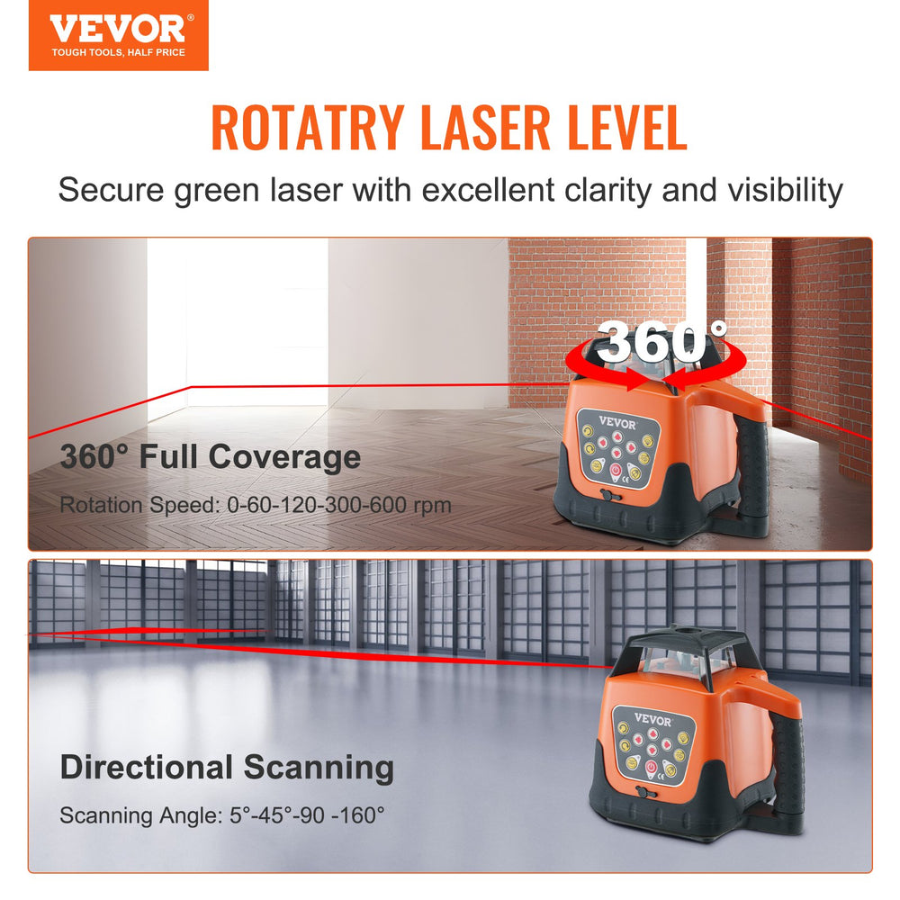 Vevor Rotary Laser Level 1650' Manual Self-Leveling Mode 360° 5 Rotation Speeds 4 Scanning Angles New