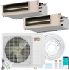 Ducted mini split AC system with 18,000 BTU capacity, featuring dual zones, smart control, and inverter technology.