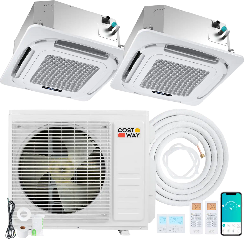 Ceiling cassette mini split AC system with 18,000 BTU capacity, featuring inverter technology and 360° airflow for.