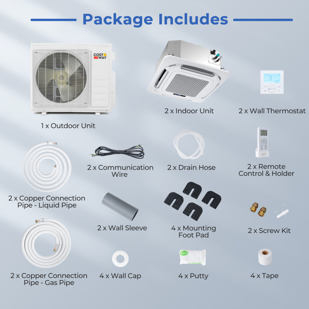 Ceiling cassette mini split AC package includes outdoor unit, indoor units, thermostats, and installation accessories.