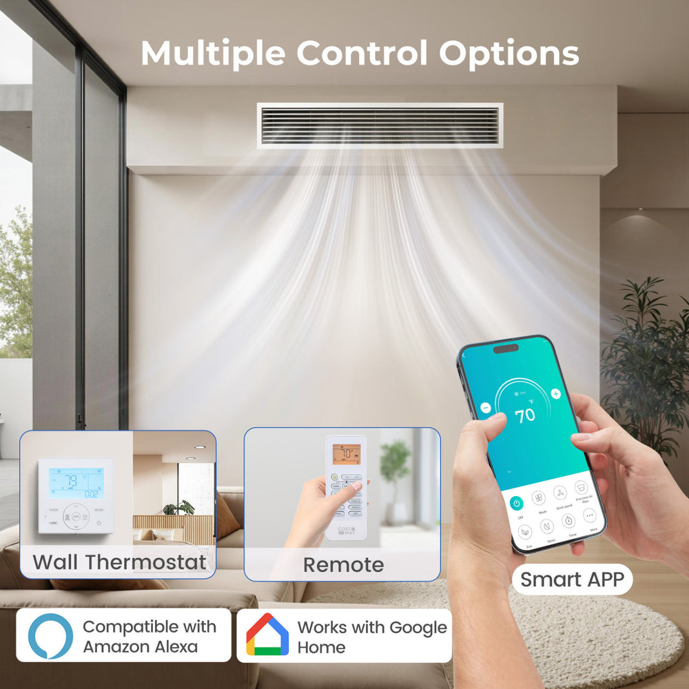 X-Pro 27000 BTU concealed ducted mini split AC with smart control options and multiple temperature settings for two.
