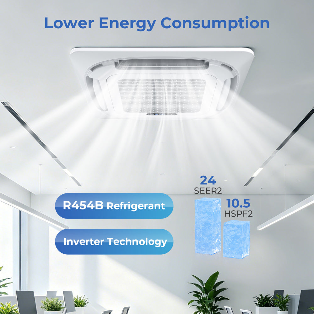 Ceiling cassette mini split AC with 24 SEER2, R454B refrigerant, and inverter technology for efficient cooling.