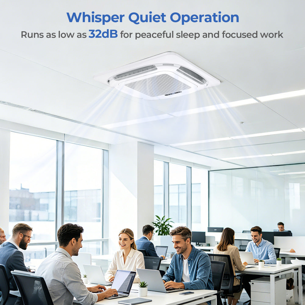 Ceiling cassette mini split AC with whisper quiet operation at 32 dB, ideal for homes and offices with 360° airflow.