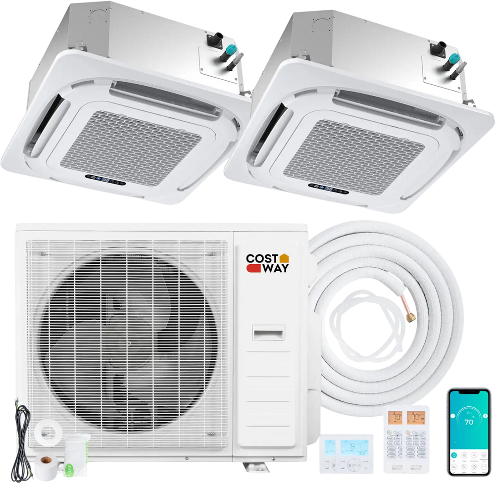 Ceiling cassette mini split AC system with 2 zones, 35000 BTU, featuring inverter technology and 360° airflow for.
